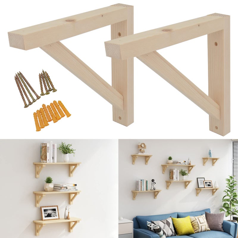 OVOV 2 Pack Wall Mount Wood Shelf Bracket Triangle Wooden Shelf Brackets for Plank Sconce Plug in Pendant Lamp Decorative DIY Wooden Bracket Include Mounting Screws 10 Inch - Image 1